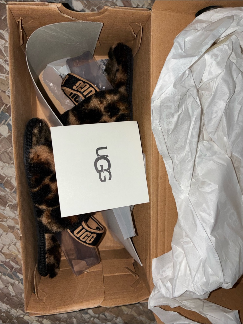 UGG Kids Leopard Faux Fur Slide Sandals - Brown & Black